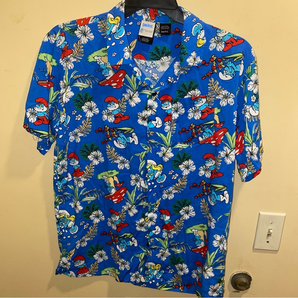 Smurfs Shirt Mens‎ Small Blue Hawaiian Floral Button Up Cartoon Mad Engine Rayon